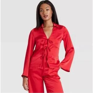 A New Day Women's Classic Red Satin Tie-Front Blouse Size L